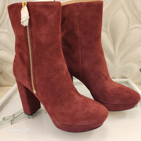 Michael Kors Frenchie Brandy Red Suede Stiletto Block Heel Platform Ankle Bootie - Picture 1 of 12